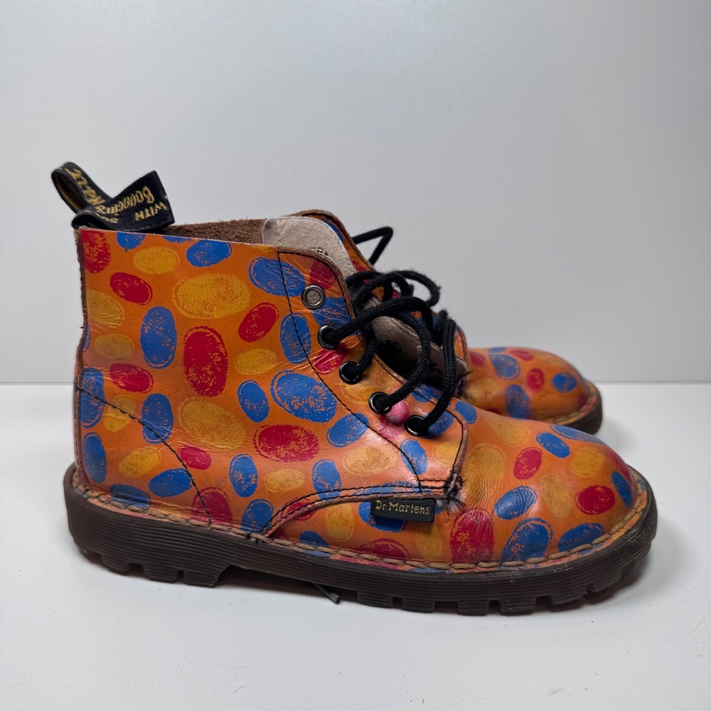 Vintage Dr. Martens Kids Boots Fingerprint Print Orange Leather England 4 Grunge